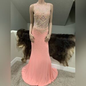 New Stunning Heavily Jeweled Cut Out Back Evening Dress